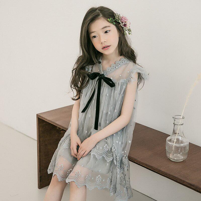 YUBAOBEI Girls Sleeveless Lace Dress Gray Princess Clothing  Big Girls Tulle Embroidery Bow Teenage  Frocks