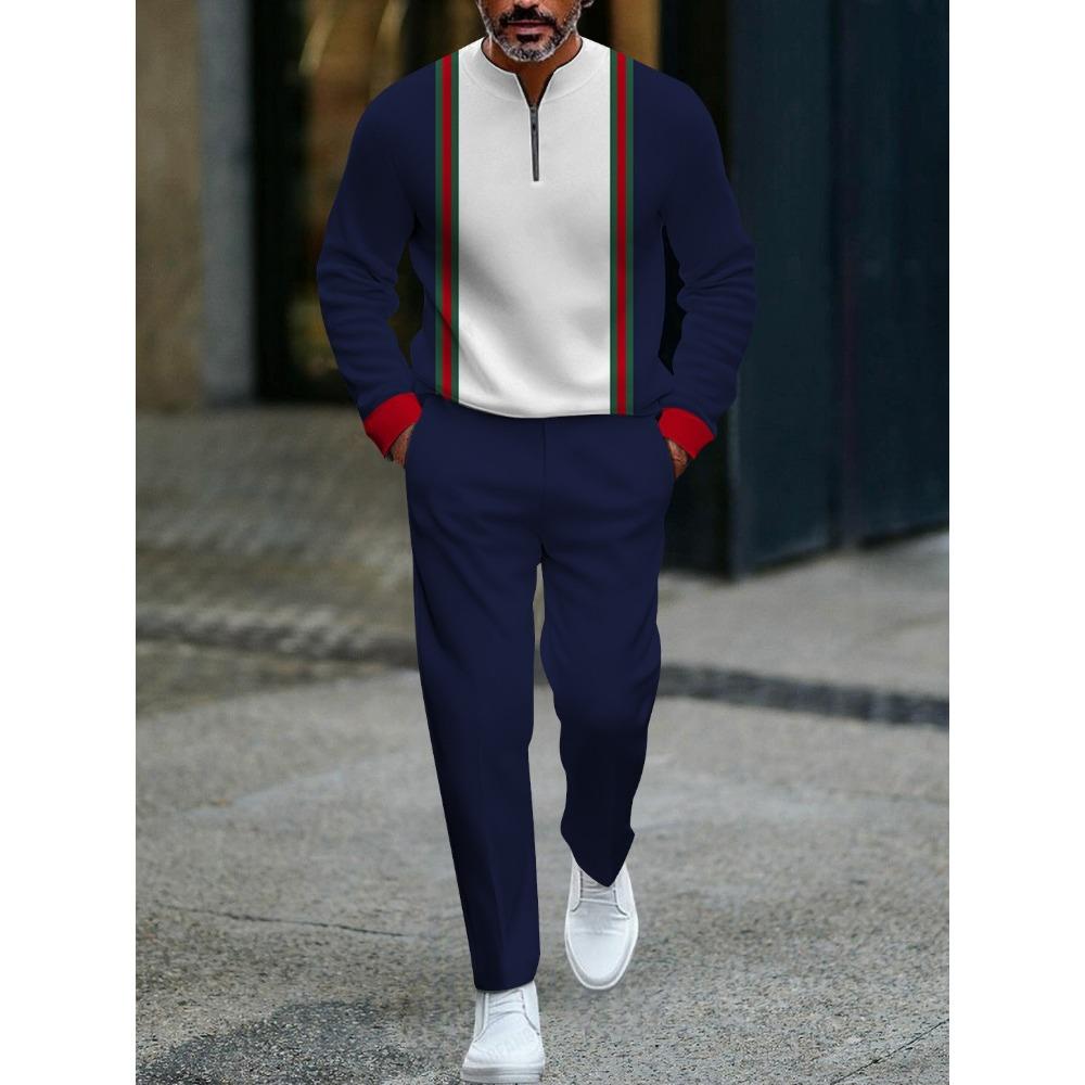 Spring Autumn 3D Printed Fashion Cool Men's Long-Sleeved Sets Half-Zipper Stand-Up Collar Men's Casual Sportswear Two-Piece set