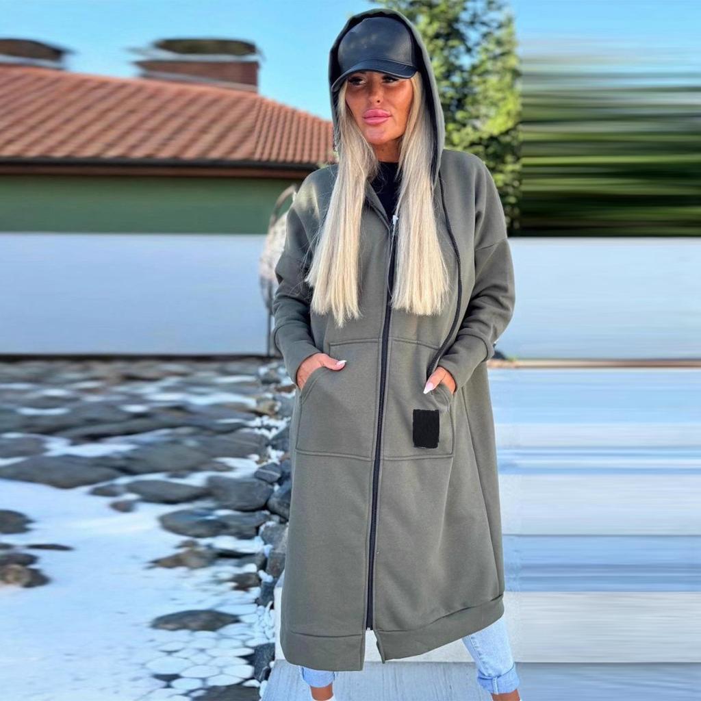 Women's Fashion Jacket Casual Solid-color Long-sleeved Cardigan Hoodie Long Coat