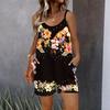 Womens Sleeveless Spaghetti Strap Romper Flower Print Pocket Short Jumpsuit