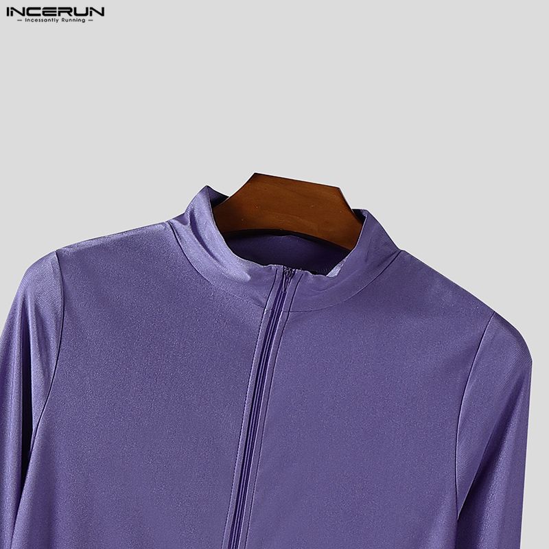 INCERUN Men Zip-up Long Sleeve Solid Fitted Pajamas Jumpsuits Romper Bodysuits Underwear