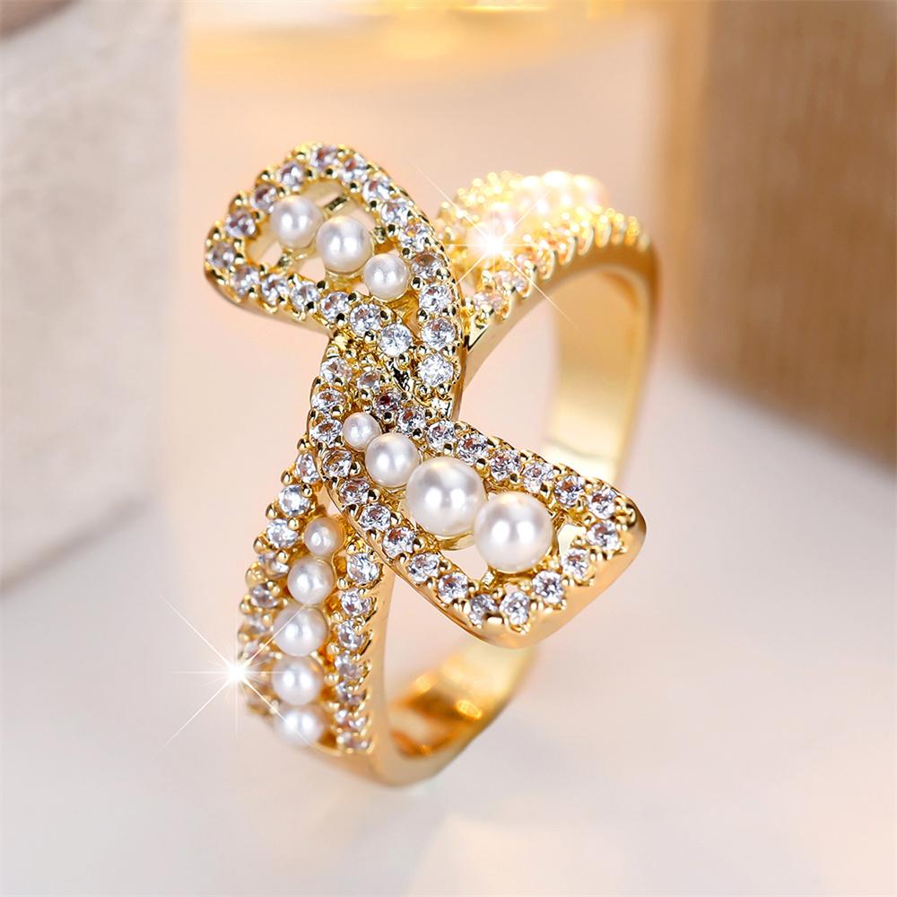 

White Zircon Bowknot Simulated Pearl Opening Rings For Women Trendy Gold Color Engagement Wedding Jewelry Bridal Accessory Gifts resizable