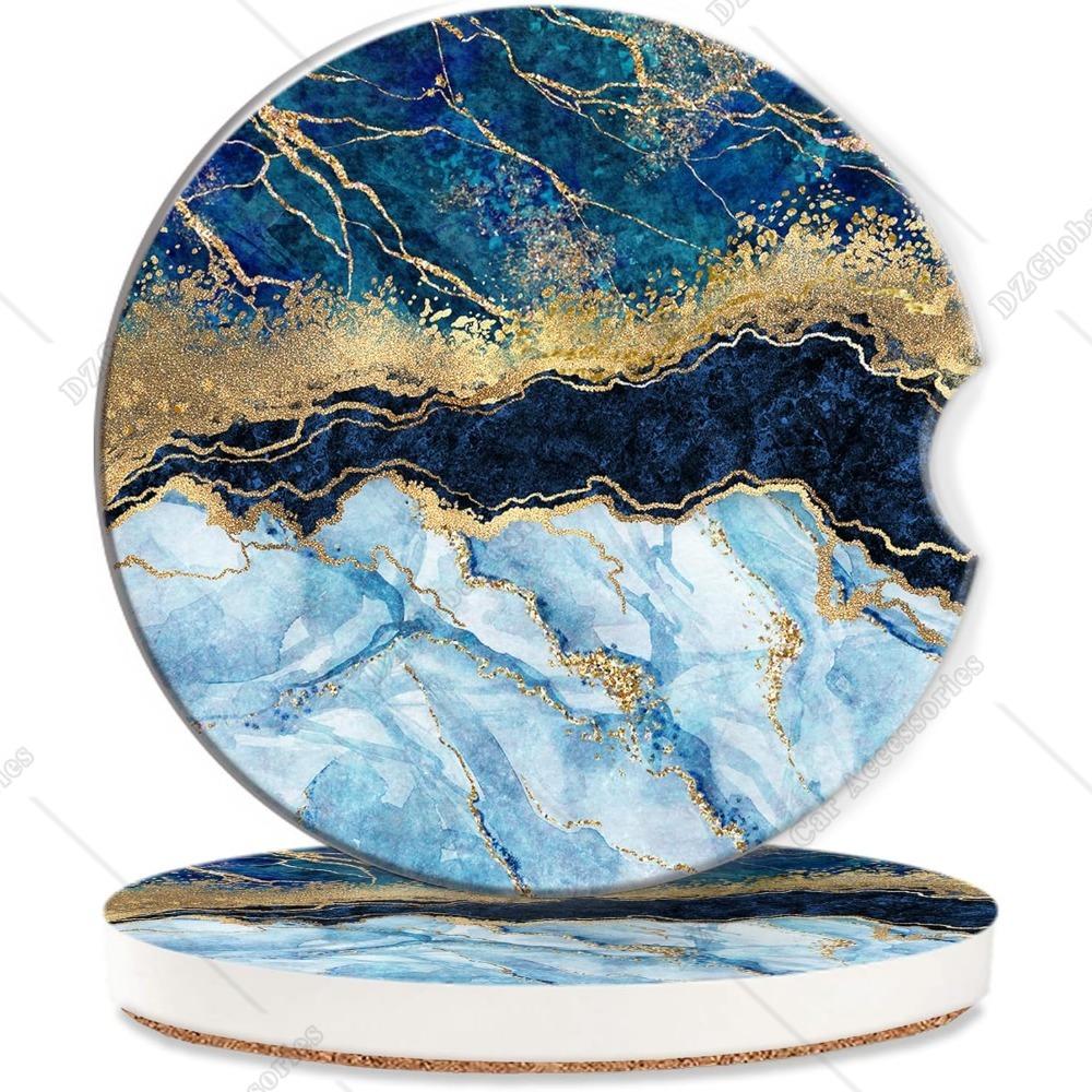 Blue White Gold Marble Car Coasters 2 Pcs Abstract Absorbent Car Coasters for Cup Holders Ceramic Anti Slip Auto Accessories