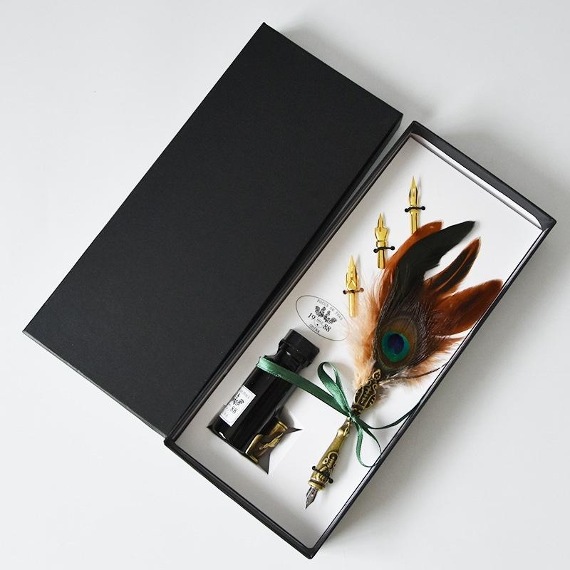 Retro Feather Pen Goose Feather Pen Ink Pen Dip Water Metal Fountain Pen Set Birthday Gift Box School Supplies Stationery