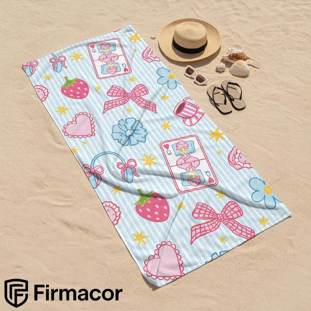 Coquette Strawberry Bow Stripe Cartoon Anime Beach Towel Microfiber Quick Dry Super Absorbent Soft Bath Towel for Adults Travel