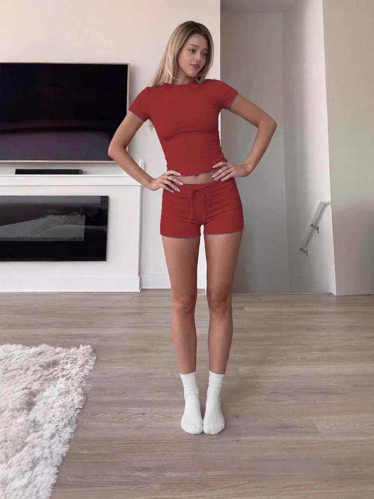 European & American Women's Slim Fit Short-Sleeve Round Neck T-Shirt Casual Set for Hot Girls