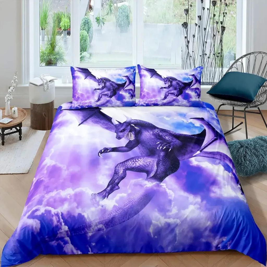 Magical Dinosaur Bedding Set Fire Dragon Duvet Cover Set Jungle Animals Pattern Wildlife Style King Size Polyester Quilt Cover