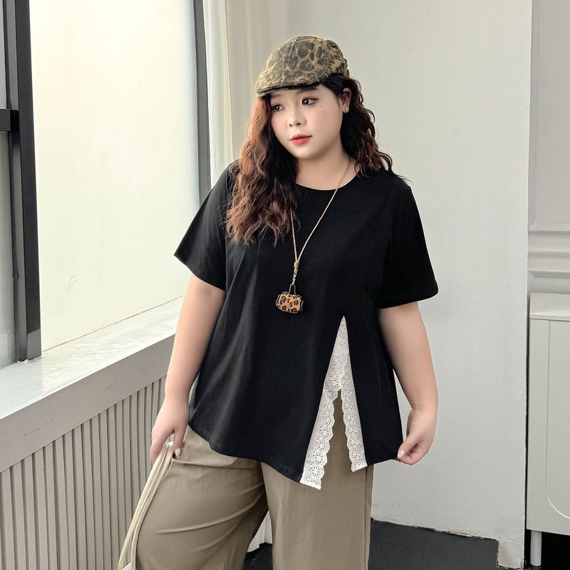 

Plus size women clothing [Exquisite Lace T] Lace Stitching Split T-shirt Summer Chubby Girl Meat Covering round Neck Short sleeve Top Night Sky Black 9xl