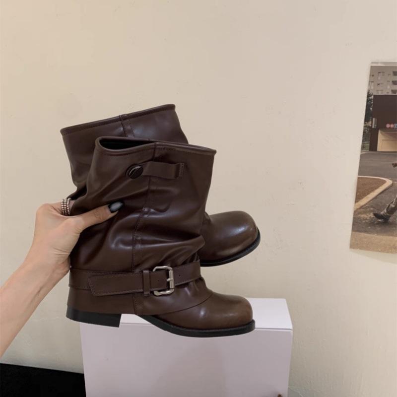 

Spice Girls Pants Boots~ Early 2025 Autumn New Trendy Wasteland Wind Pleated Pile Boots Buckle Strap Western Short Boots Women 40