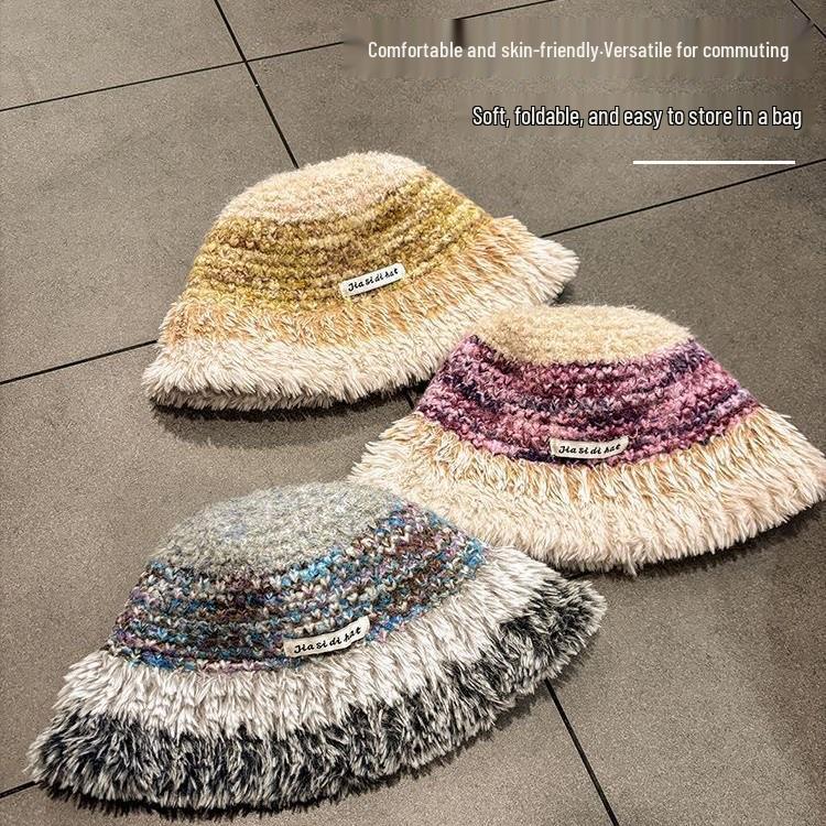 Women's Color Block Knitted Fisherman Hat - Warm, Thick, with Ear Protection & Large Brim, Perfect for Autumn/Winter.