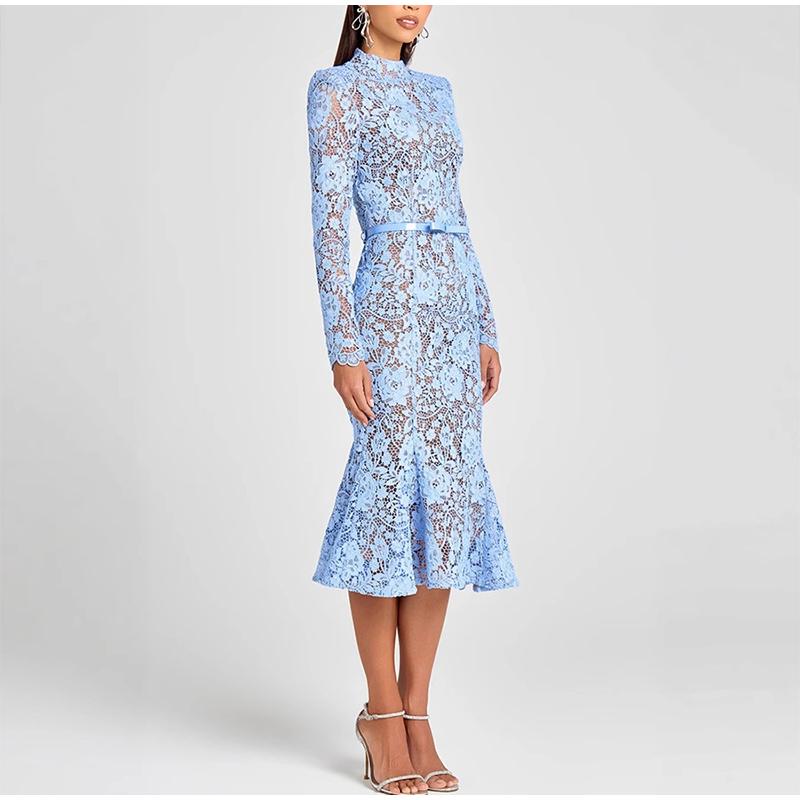 Ladies' Perspective Lace Hollow Belt Long Sleeve Fishtail Dress Solid Color Lace Decorative Elegance Ladies' Long Sleeve Dress Spring Autumn New Style