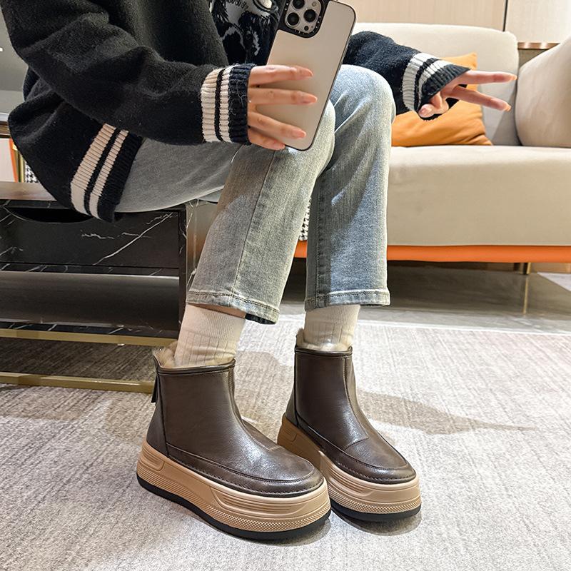 2026 New High Quality Genuine Leather Plush Women's Ankle Boots Winter Warm Wool Women's High-heeled Snow Boots Botas Para Mujer