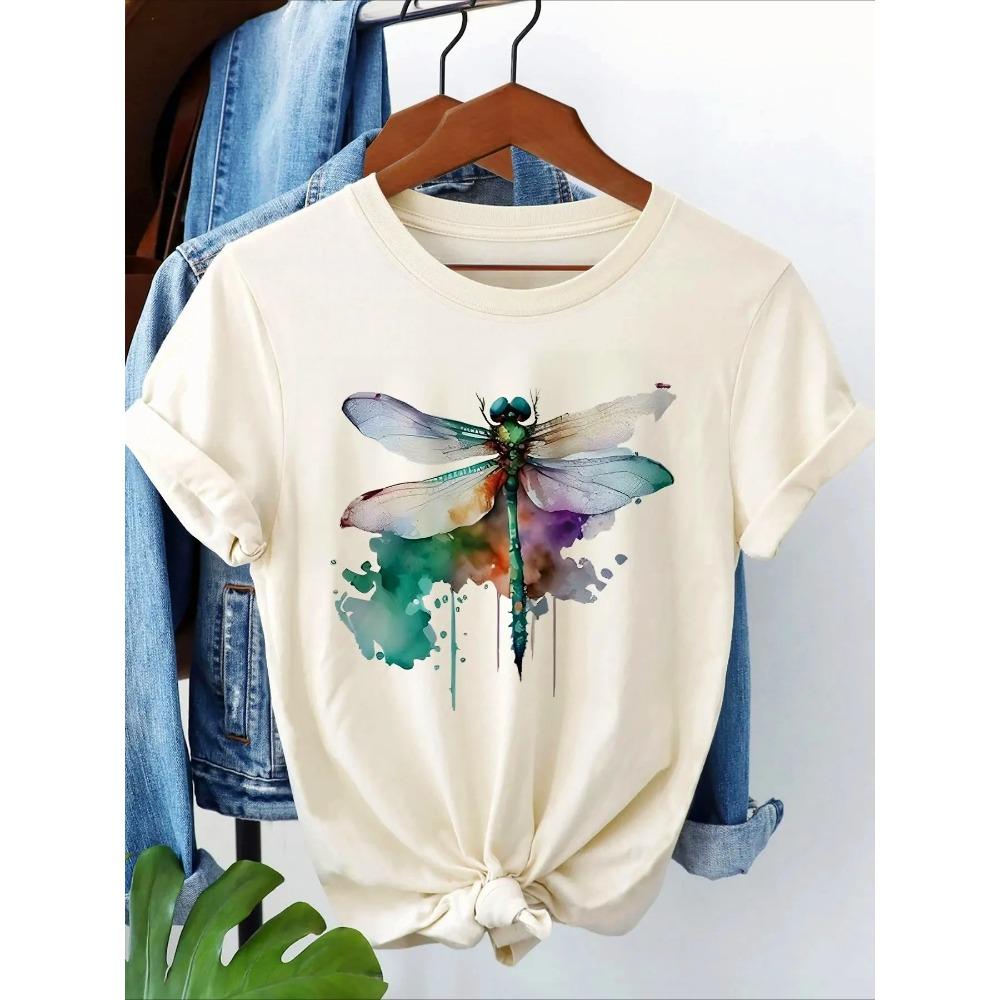 Womens Casual Short Sleeve Crew Neck TShirt Watercolor Dragonfly Ink Splatter Graphic Print Comfortable Women Clothing