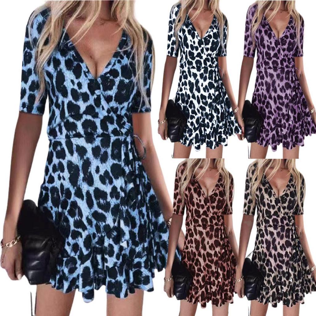 Women's V-neck Leopard Ruffled Sexy Nightclub Dress European American Hot Popular Style