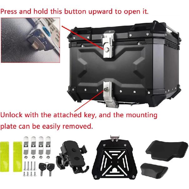 45L Universal Black Rear Luggage Case Waterproof Helmet Box Motorcycle Tail Storage Box Aluminum Alloy Motorbike Trunk Tail Box