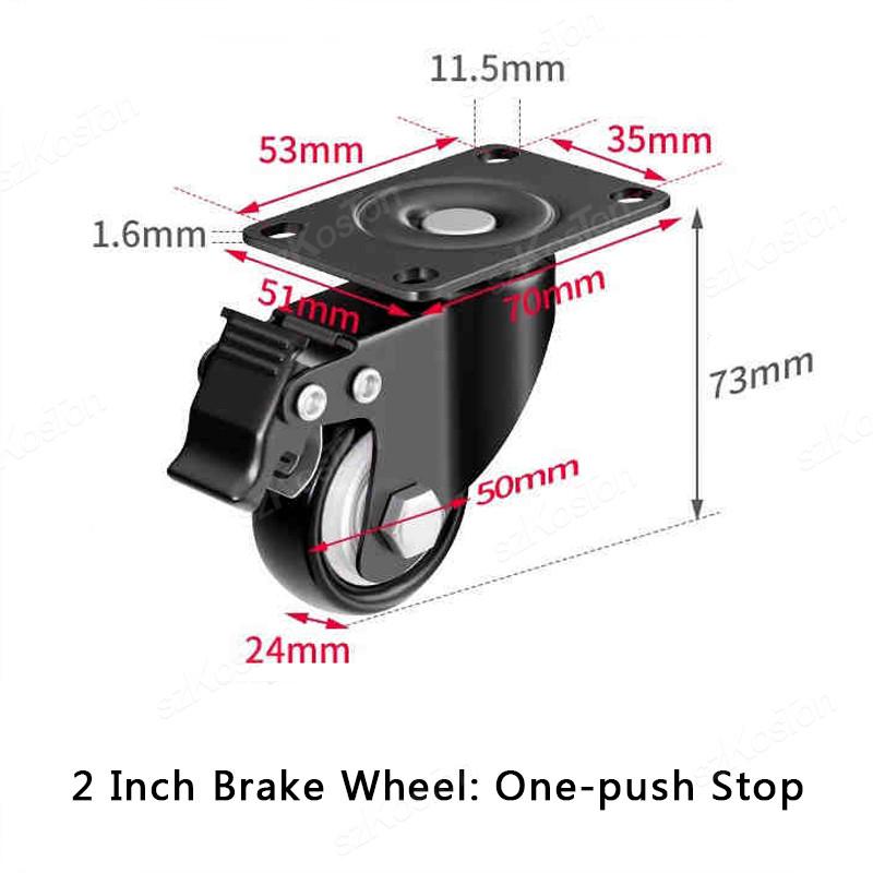 2pcs 1.5 inch 2inch Heavy Duty Black Swivel Castor Wheels Trolley Furniture Caster PP Material Flat Brake Gold Drill Caster