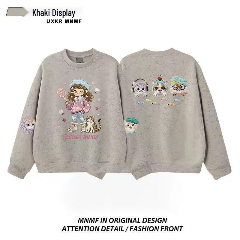 Girls' Tie-Dye Crewneck Sweatshirt with Cartoon Cat - Fleece-Lined for Spring and Autumn 2025, Medium & Large Sizes