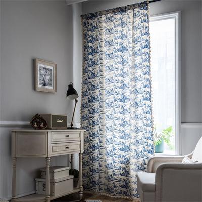 Couture Country Drapes - Indigo Botanical Print On Organic Linen | Light Diffusion Sheers with Artisan Fringe for Chef's Pantries