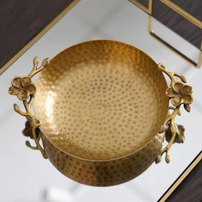 European Fruit Tray,Retro Brass Portable Engraving Plum Blossom Round Shape 23 cm Food Plate,Snack Plate Home Table Decoration