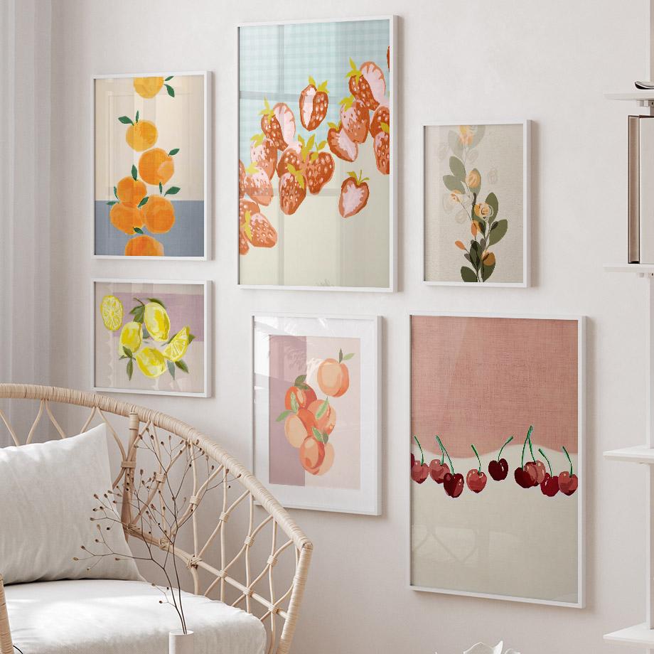 Watercolor Strawberry Cherry Lemon Orange Wall Art Painting Fruit Posters Vintage Room Bar Cafe Decor Home Decor Canvas Print