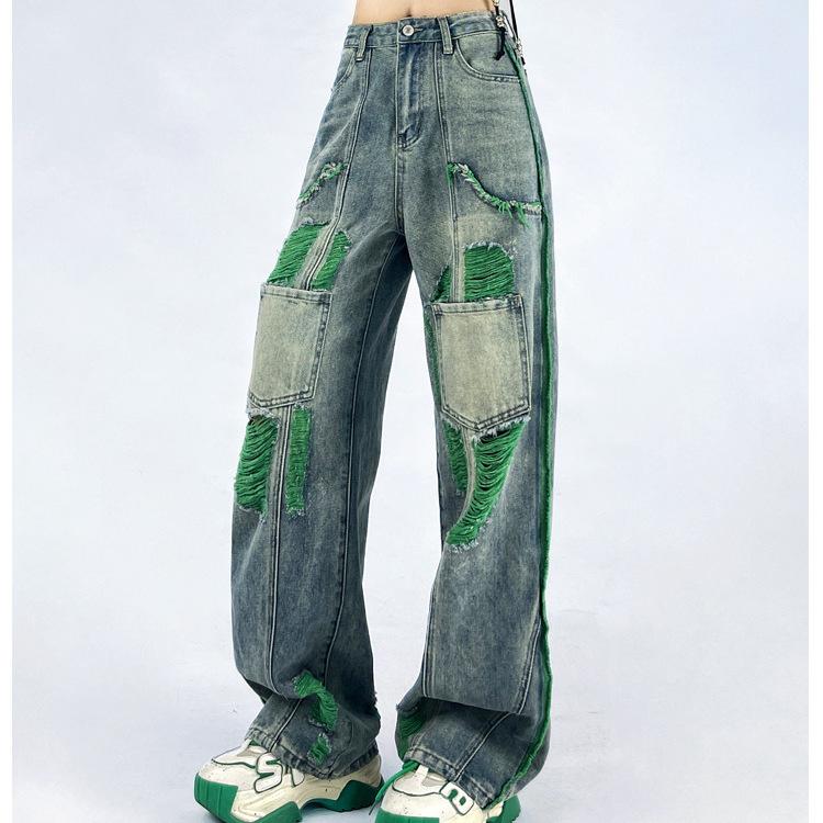 

Женские летние джинсы нового поступления контрастного цвета с потертостями, прямого кроя, свободные, повседневные - лестные, стройнящие, уличная одежда, универсальные джинсовые брюки XL