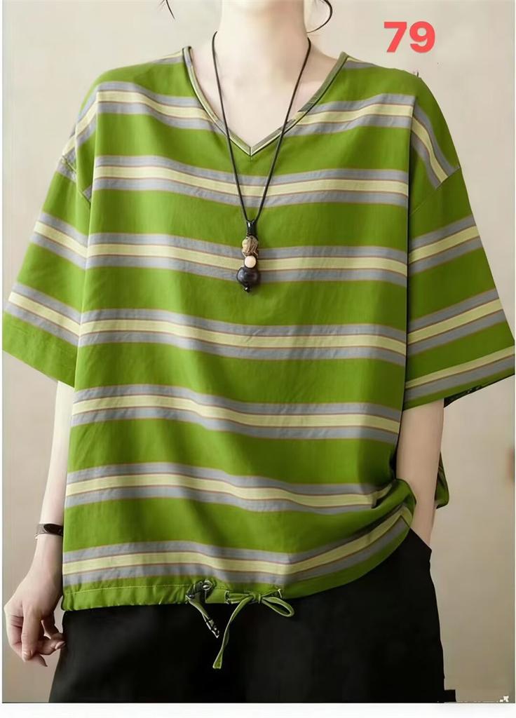 Summer Printed Short-sleeved T-shirt V-neck Cotton and Linen Loose Large-size Women's Top T-shirt Cotton and Linen Shirt