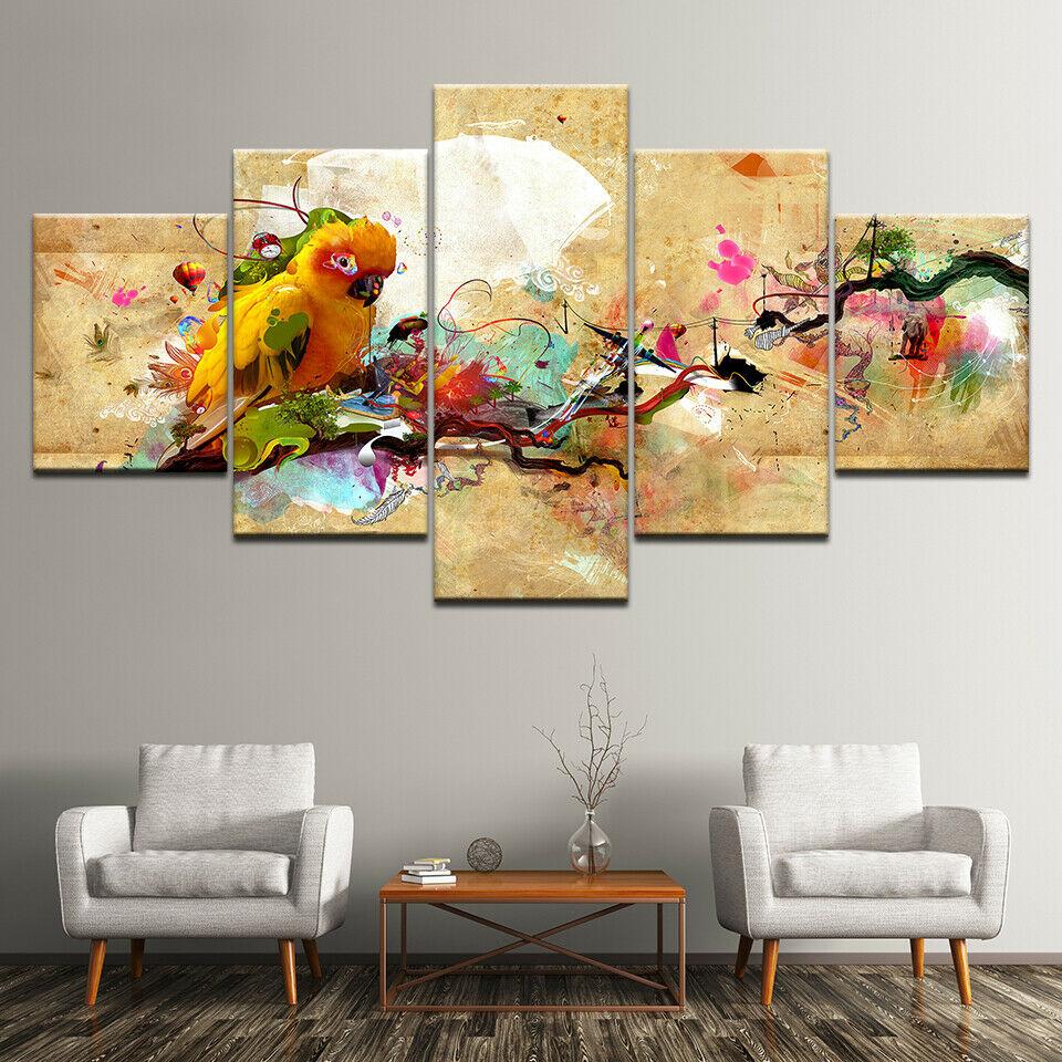 Abstract Chinese Style Magpie Bird 5 Piece Canvas Picture Print Wall Art Canvas Painting Wall Decor for Living Room No Frame