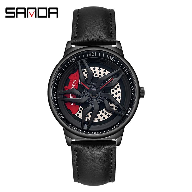 Sanda Men s Waterproof Quartz Wristwatch with Rotating Wheel Design and Casual Leather Strap