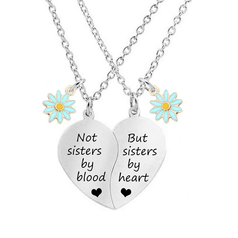 2 Pcs Stainless Steel Heart Matching Necklace For Best Friends Daisy Charm Not Sisters By Blood Necklaces Friendship Jewelry