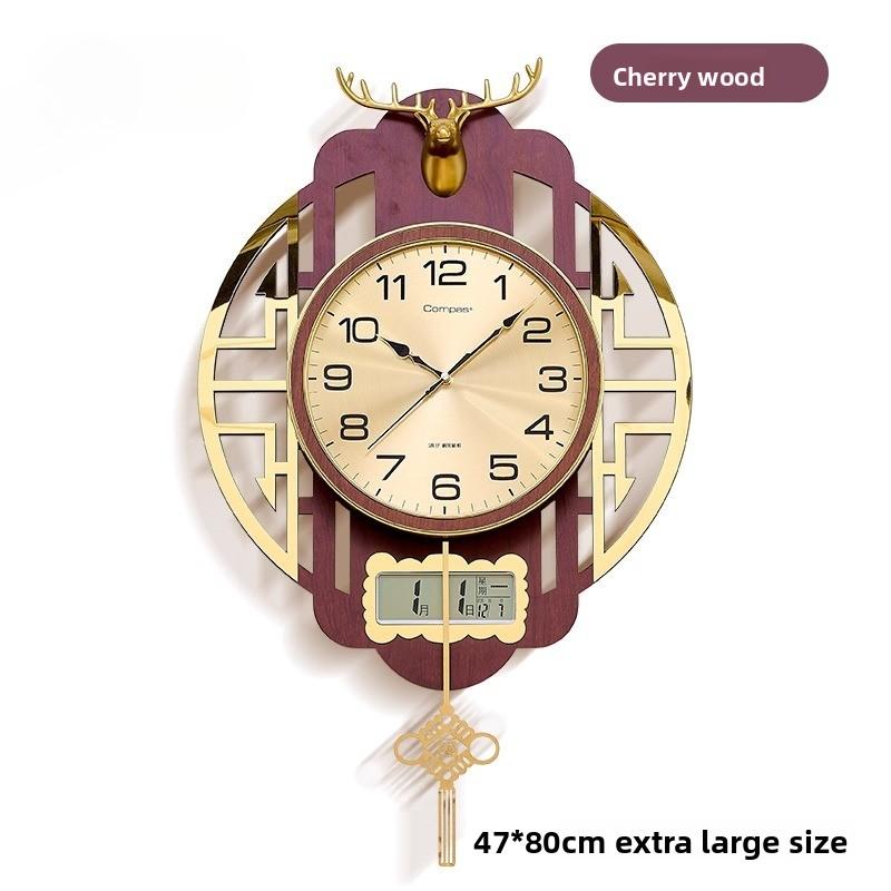 

European Style Solid Wood And Metal Wall Clock Stylish Swinging Living Room Clock Mute Wall-Mounted Wall Clock Wall Decoration (as the picture,80X47cm)