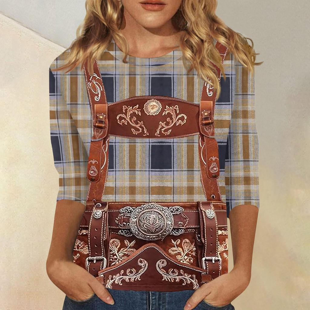 Women Casual Three Quarter Sleeve Oktoberfest Print Round Neck Top Fashion Loose Fit Lightweight Pullover Shirt for Autumn