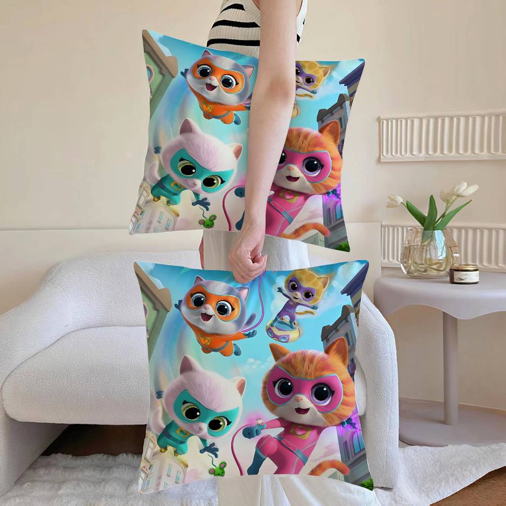 Cute Cartoon S-Super-Kitties Pillow Case Anti-Dustmite Pillowcase Invisible Zipper Silky Sofa Cushion Cover Peach skin 18*18(CM)-1Pcs