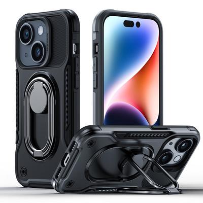 Case for iPhone 14 Plus, Armored Cover with Stand and Ring Holder, Black