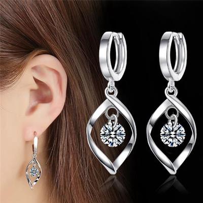 Women Korean Fashion Cute Elegant 925 Silver Plated Vintage Simple Anti-allergy Zircon Crystal Diamond Knob Dangle Hoop Earrings Jewelry Love Gift