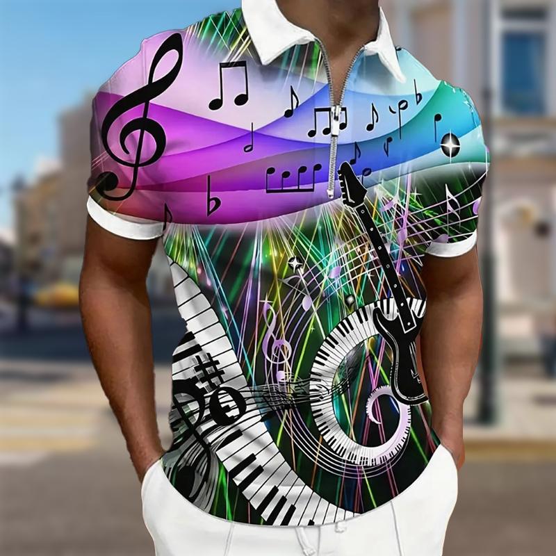 Men's Shirt Polo Casual Zip Short Sleeve Fashion Casual Zipper Summer Spring Regular Fit Piano & Guitar 3D Print Shirt