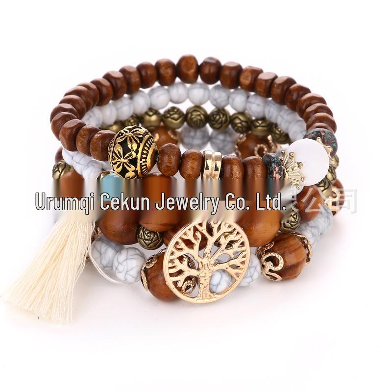 Bohemian Ethnic Multi-Layer Wooden Beaded Elastic Bracelet
