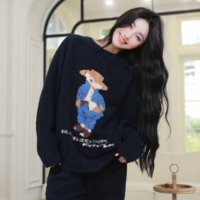 

Women s Half-Velvet Fleece-Lined Little Bear Pajamas - Cute Korean Style Pullover Homewear for Autumn and Winter. One Size