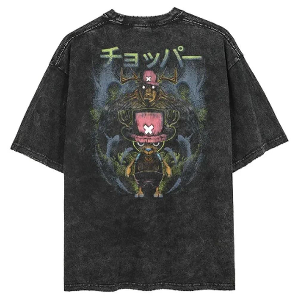 One Piece Tee Men Casual Oversized Washed Harajuku Tshirt Japanese Anime