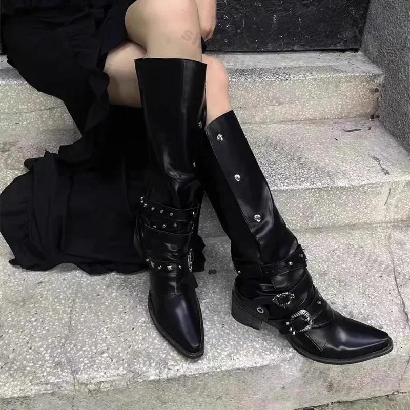 Moda Femei Negru Punk Până la genunchi Platformă Toc scăzut Trend Punk Gotic New Rock Piele Moda Femei Chunky Knight Încălțăminte pentru motociclete