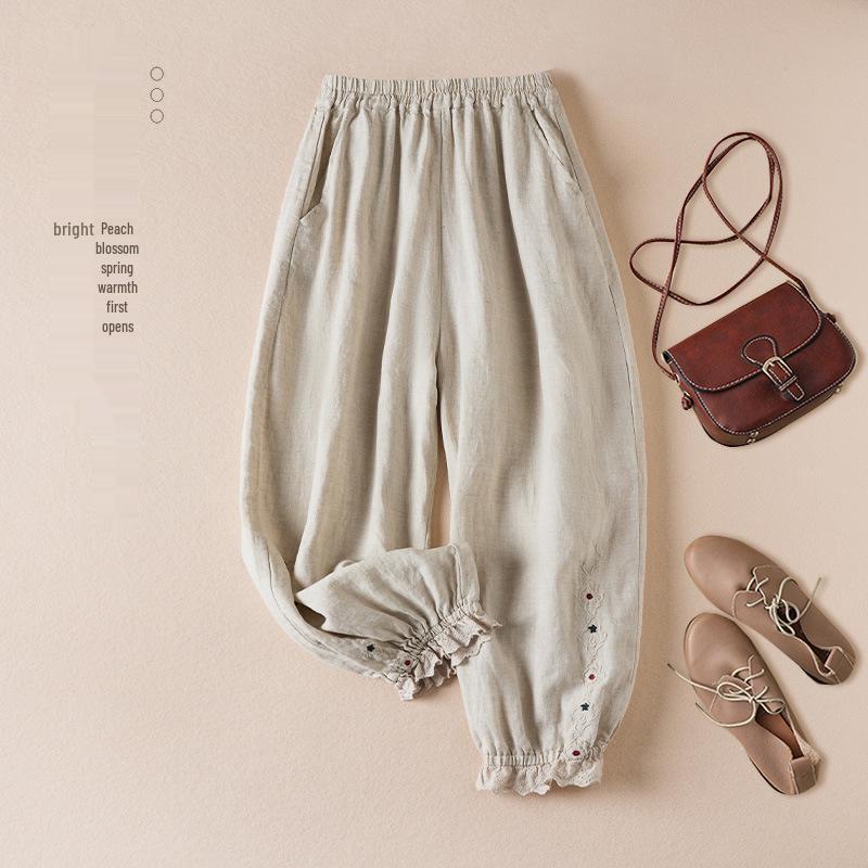 Women's Artistic Embroidery Cotton Linen Harem Pants - Slimming Casual Retro Style