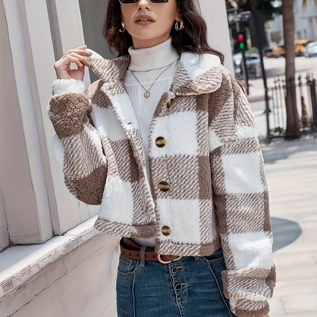 Plaid Pattern Button Front Teddy Coat All-match Long-sleeved Winter Warm Jacket Women's Clothing