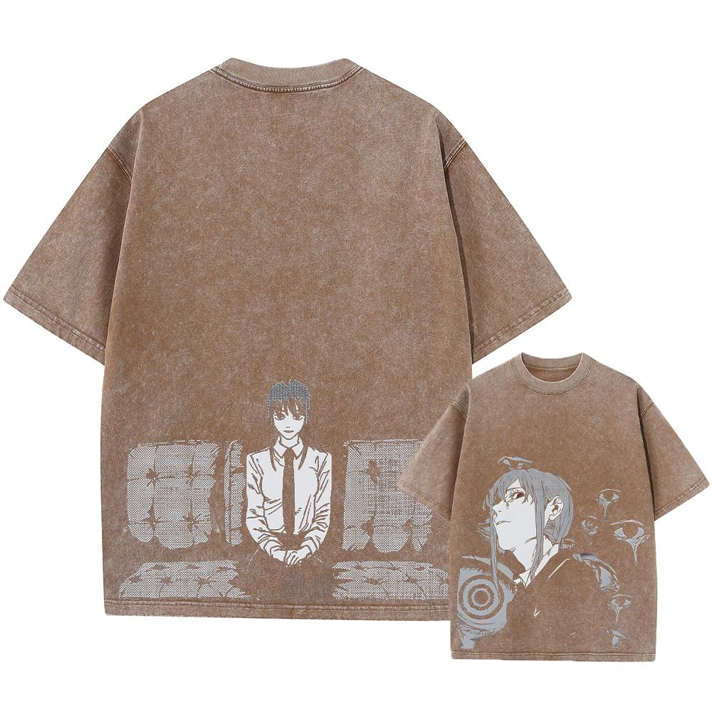Chainsaw Man Anime Manga Koszulka Washed z Krótkim Rękawem Oversize T-Shirty Nowość Męskie Topy Streetwear z Nadrukiem