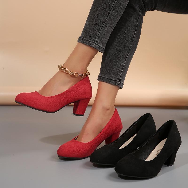 Leopard Suede Block Heel Single Shoes Fashion Round Toe Shallow Mouth Slip-On Pump Heels