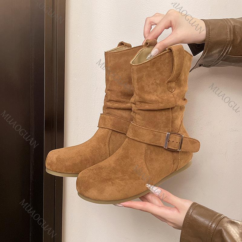 Fashion Retro Stacked Boots Internal Height 3cm Women Autumn Shoes Suede Flat Bottom Casual Slip on Metal Buckle Soft Ankle Boots Female