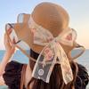 Flower lace streamer sun hat fashion new spring and summer travel vacation beach sunshade sun protection wavy edge straw hat