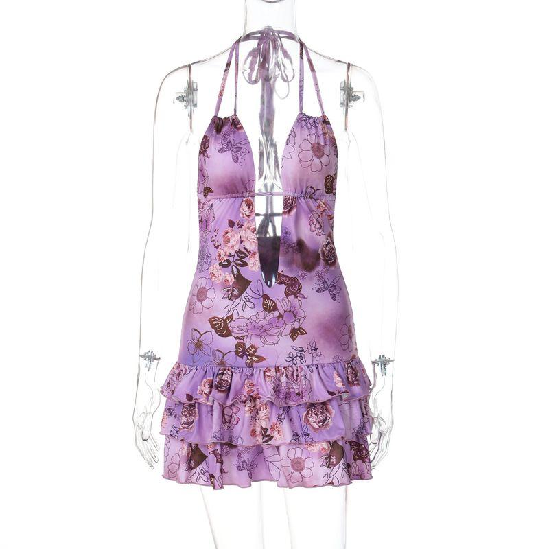 

European and American Women clothes 2024 Summer New Products Fashion Sexy Deep V Backless Lace-up Lace Dress Foreign Trade Purple S