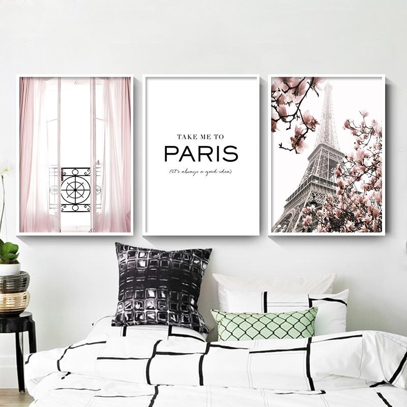 Wall Art Canvas Painting Pink Flowers Paris Windows Balcony Tower Nordic Prints And Posters Wall Pictures For Living Room Decor