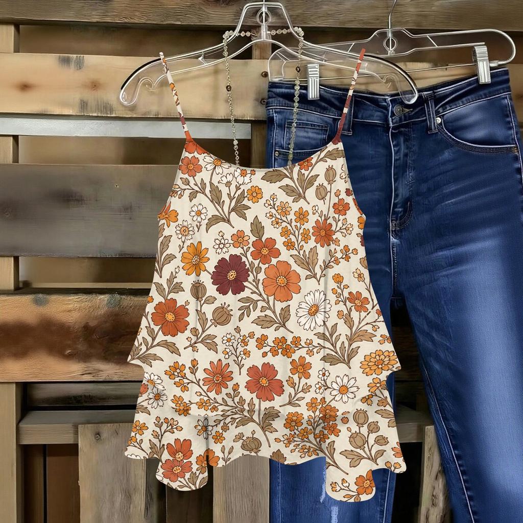 Women Sleeveless Floral Print Double Layer Camisole Top Lightweight Spaghetti Strap Summer Blouse Casual Loose Fit Shirt