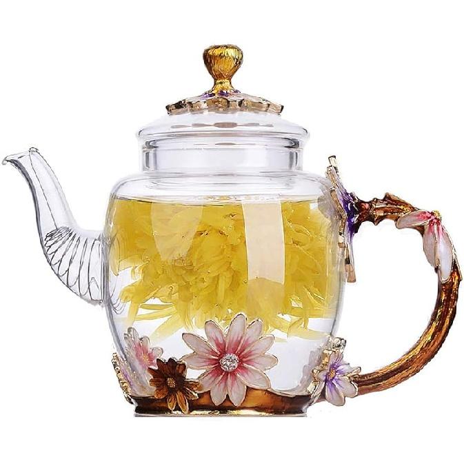 Creative Flower Glass Teapot Crystal Glass Teapot for Kung Fu Tea, Good Gift for Sister, Mom, Grandma, Teachers (Red Rose)
