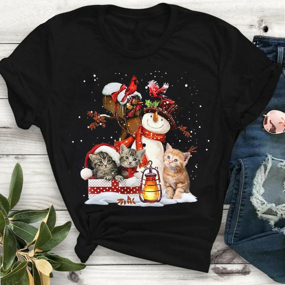 

Merry Christmas Kitty Cats With SnowMan And Cardinals T Shirt S4XL YA003 Unisex T-Shirt XL